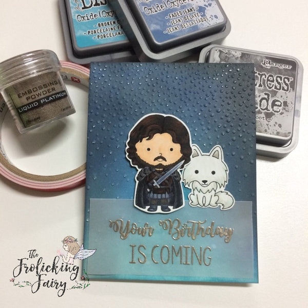 #thefrolickingfairy #kindredstamps #heirstothethrone #letitsnow #direwolf #dragonqueen #dragon #warrior #desert #dragoneggs #copiccoloring #ironthrone #unburnt #sunmoonstars