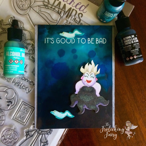 #thefrolickingfairy #kindredstamps #itsgoodtobebad #seawitch #ocean #sea #villain #witch #alcoholink #watercolor 