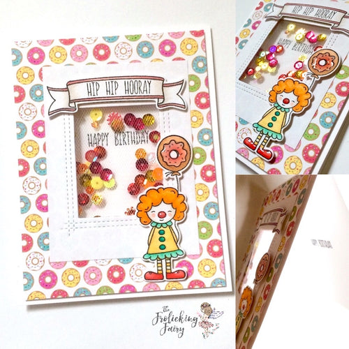 #thefrolickingfairy #neatandtangled #bigtopbirthday #clown #donuts #birthday #birthdaycard #shakercard